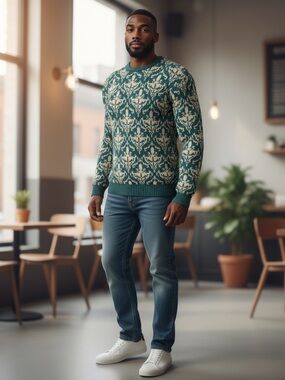 Men's Teal & Cream Patterned Crewneck Sweater